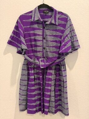 OFUURE Purple and Silver Striped Shirt Dress with Belt
